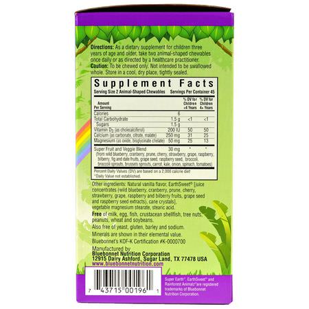 兒童鈣, 兒童健康: Bluebonnet Nutrition, Super Earth, Rainforest Animalz, Calcium Magnesium & Vitamin D3, Natural Vanilla Frosting Flavor, 90 Animal-Shaped Chewables