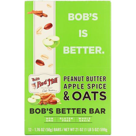 營養棒: Bob's Red Mill, Bob's Better Bar, Peanut Butter Apple Spice & Oats, 12 Bars, 1.76 oz (50 g) Each