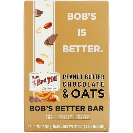 營養棒: Bob's Red Mill, Bob's Better Bar, Peanut Butter Chocolate & Oats, 12 Bars, 1.76 oz (50 g) Each