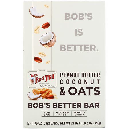 營養棒: Bob's Red Mill, Bob's Better Bar, Peanut Butter Coconut & Oats, 12 Bars, 1.76 oz (50 g) Each