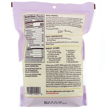 奶粉, 飲料: Bob's Red Mill, Buttermilk Powder, Sweet Cream, 22 oz (624 g)
