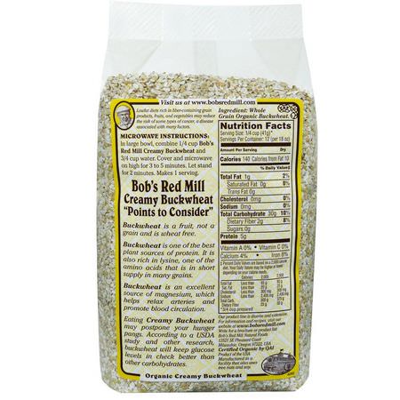 熱穀物, 早餐食品: Bob's Red Mill, Organic Hot Cereal, Creamy Buckwheat, Whole Grain, 18 oz (510 g)