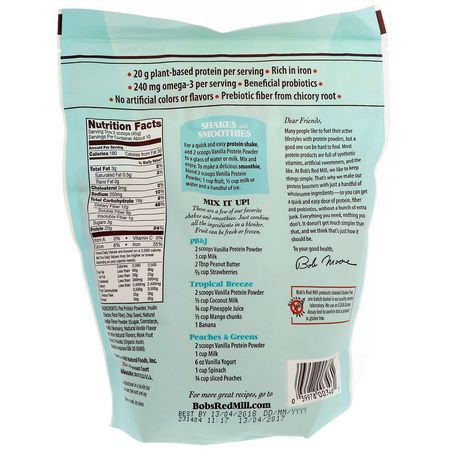 益生元纖維菊粉, 纖維: Bob's Red Mill, Vanilla Protein Powder, Nutritional Booster with Chia & Probiotics, 16 oz (453 g)
