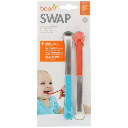 餐具, 孩子餵養: Boon, Swap, 2-in-1 Feeding Spoon, 4+ Months, Blue & Orange, 2 Spoons