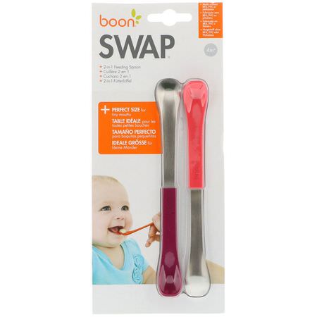 餐具, 孩子餵養: Boon, Swap, 2-in-1 Feeding Spoon, 4+ Months, Coral & Plum, 2 Spoons