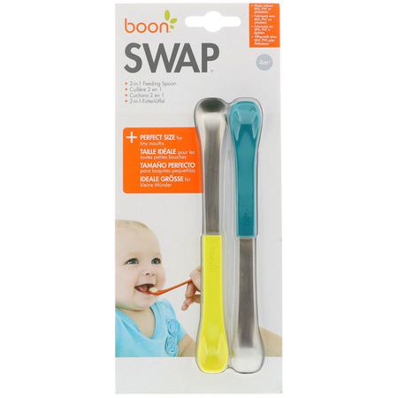 餐具, 孩子餵養: Boon, Swap, 2-in-1 Feeding Spoon, 4+ Months, Teal & Yellow, 2 Spoons