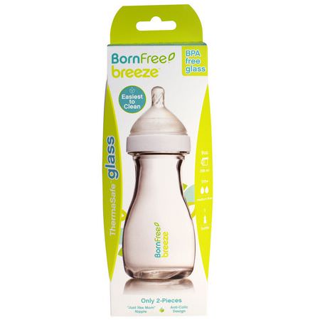 乳頭, 嬰兒奶瓶: Born Free, Breeze, Baby Bottle, Glass, 1m+, Medium Flow, 1 Bottle, 9 oz (266 ml)