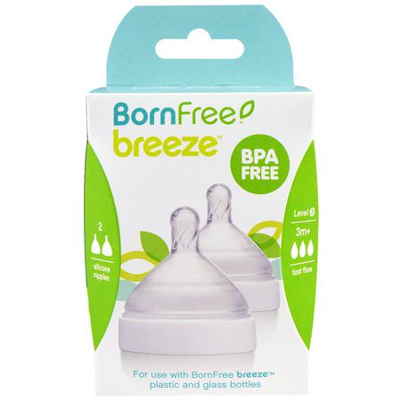 奶嘴, 嬰兒奶瓶: Born Free, Breeze, Silicone Nipples, Level 3, 3m+, Fast Flow, 2 Pack