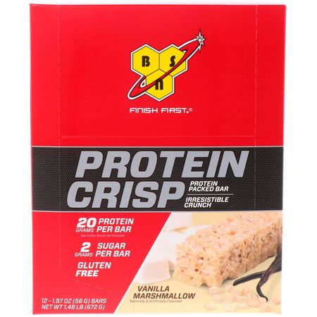 乳清蛋白棒, 蛋白棒: BSN, Protein Crisp, Vanilla Marshmallow, 12 Bars, 1.97 oz (56 g) Each