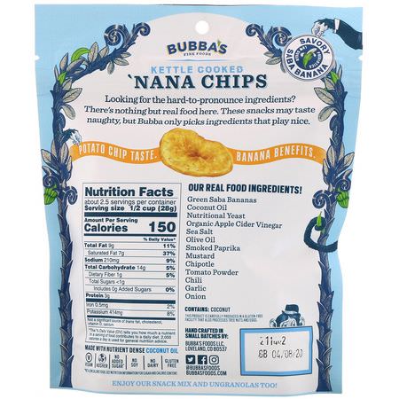 香蕉, 超級食物: Bubba's Fine Foods, 'Nana Chips, Not-Cho Nacho, 2.7 oz (77 g)