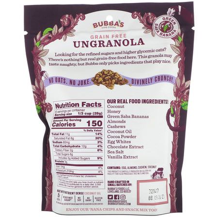 小吃, 零食: Bubba's Fine Foods, UnGranola, Dark Chocolate with Sea Salt, 6 oz (170 g)