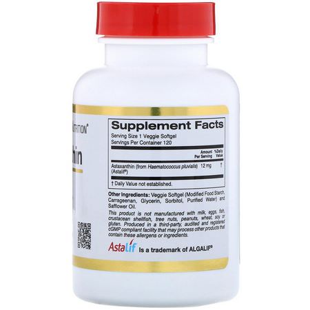 蝦青素, 抗氧化劑: California Gold Nutrition, Astaxanthin, AstaLif Pure Icelandic, 12 mg, 120 Veggie Softgels