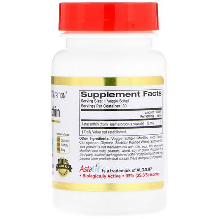 蝦青素, 抗氧化劑: California Gold Nutrition, Astaxanthin, AstaLif Pure Icelandic, 12 mg, 30 Veggie Softgels