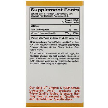 抗壞血酸, 維生素C: California Gold Nutrition, Children's Liquid Gold Vitamin C, USP Grade, Natural Orange Flavor, 4 fl oz (118 ml)
