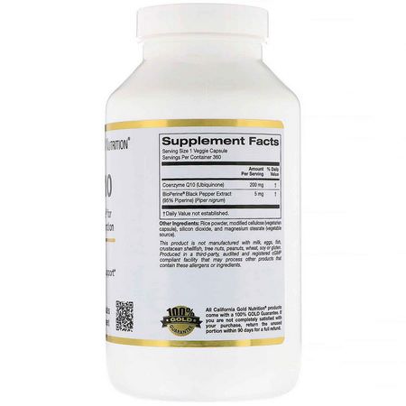 輔酶Q10, 輔酶Q10: California Gold Nutrition, CoQ10 USP with Bioperine, 200 mg, 360 Veggie Capsules