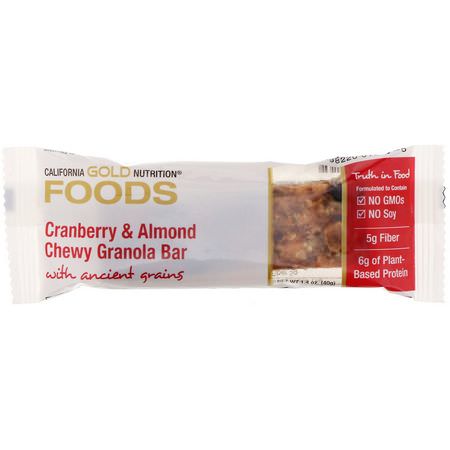 基於植物的蛋白質棒: California Gold Nutrition, Cranberry & Almond Chewy Granola Bars, 1.4 oz (40 g)