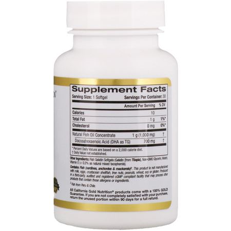 DHA, Omega-3魚油: California Gold Nutrition, DHA 700 Fish Oil, Pharmaceutical Grade, 1000 mg, 30 Fish Gelatin Softgels