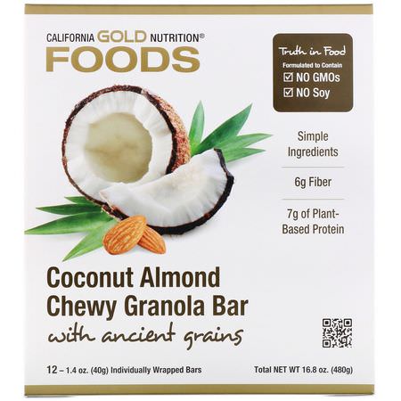 基於植物的蛋白質棒: California Gold Nutrition, Foods, Coconut Almond Chewy Granola Bars, 12 Bars, 1.4 oz (40 g) Each