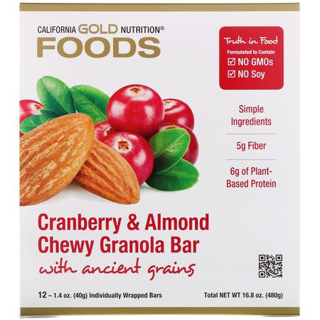 基於植物的蛋白質棒: California Gold Nutrition, Foods, Cranberry & Almond Chewy Granola Bars, 12 Bars, 1.4 oz (40 g) Each
