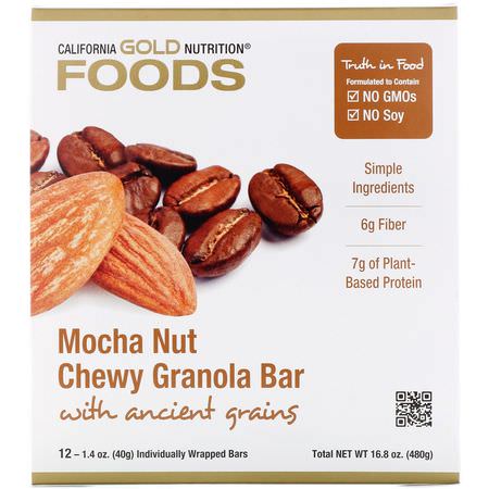 基於植物的蛋白質棒: California Gold Nutrition, Foods, Mocha Nut Chewy Granola Bars, 12 Bars, 1.4 oz (40 g) Each