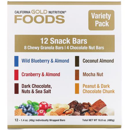 基於植物的蛋白質棒: California Gold Nutrition, Foods, Variety Pack Snack Bars, 12 Bars, 1.4 oz (40 g) Each