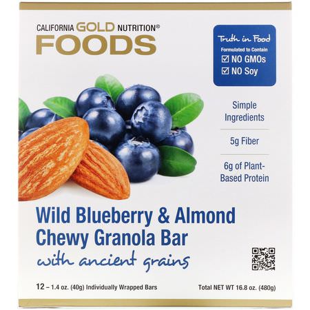 基於植物的蛋白質棒: California Gold Nutrition, Foods, Wild Blueberry & Almond Chewy Granola Bars, 12 Bars, 1.4 oz (40 g) Each