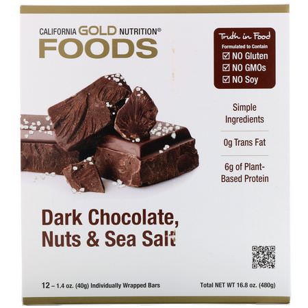 零食棒, 植物性蛋白棒: California Gold Nutrition, Foods, Dark Chocolate Nuts & Sea Salt Bars, 12 Bars, 1.4 oz (40 g) Each
