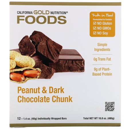 基於植物的蛋白質棒: California Gold Nutrition, Foods, Peanut & Dark Chocolate Chunk Bars, 12 Bars, 1.4 oz (40 g) Each