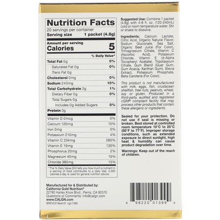 電解質, 水合: California Gold Nutrition, HydrationUP, Electrolyte Drink Mix, Tropical Fruit, 20 Packets, 0.17 oz (4.8 g) Each