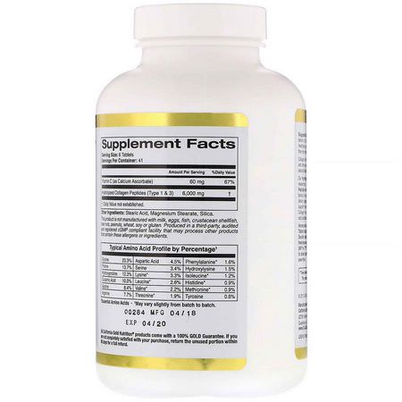 骨, 膠原蛋白補充劑: California Gold Nutrition, Hydrolyzed Collagen Peptides + Vitamin C, Type 1 & 3, 6,000 mg, 250 Tablets