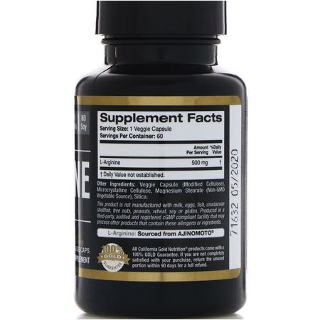 L-精氨酸, 氨基酸: California Gold Nutrition, L-Arginine, AjiPure, 500 mg, 60 Veggie Caps