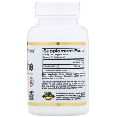 L-牛磺酸, 氨基酸: California Gold Nutrition, L-Taurine, 1000 mg, 60 Veggie Capsules