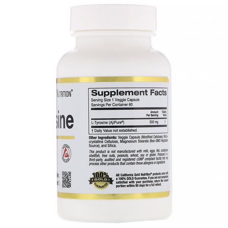 L-酪氨酸, 氨基酸: California Gold Nutrition, L-Tyrosine, AjiPure, 500 mg, 60 Veggie Capsules