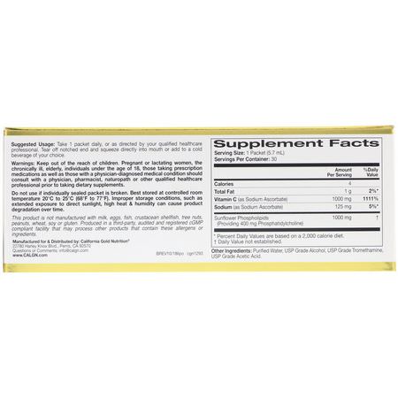 流感, 咳嗽: California Gold Nutrition, LiposomeUP, Liposomal Vitamin C, 1000 mg, 30 Packets, 0.2 oz (5.7 ml) Each