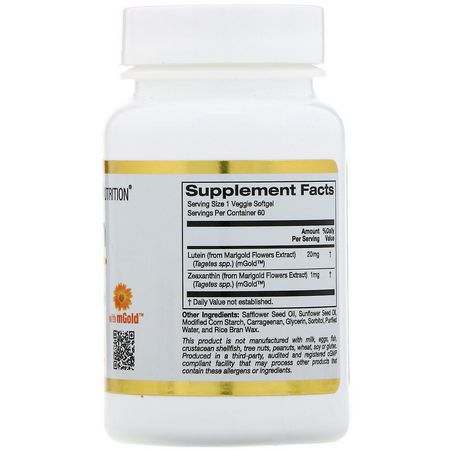 玉米黃質, 葉黃素: California Gold Nutrition, Lutein with Zeaxanthin, 20 mg, 60 Veggie Softgels