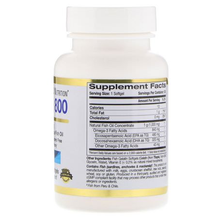Omega-3魚油, EPA DHA: California Gold Nutrition, Omega 800 by Madre Labs, Pharmaceutical Grade Fish Oil, 80% EPA/DHA, Triglyceride Form, 1000 mg, 30 Fish Gelatin Softgels