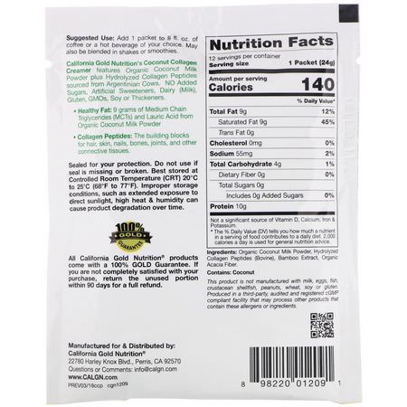 膠原蛋白補品, 關節: California Gold Nutrition, Superfoods, Collagen Coconut Creamer, Unsweetened, 0.85 oz (24 g)
