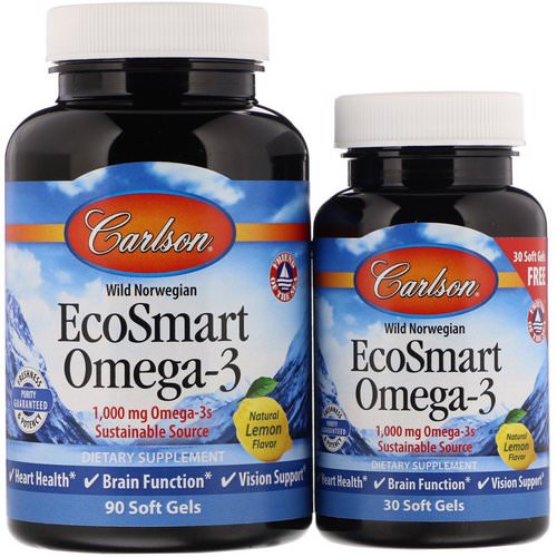 Carlson Labs, EcoSmart Omega-3, Natural Lemon Flavor, 1,000 mg, 90 + 30 Soft Gels Review