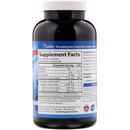 Omega-3魚油, EPA DHA: Carlson Labs, EcoSmart Omega-3, Natural Lemon Flavor, 1,000 mg, 180 Soft Gels