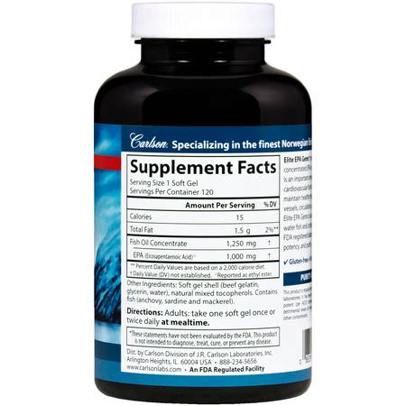Omega-3魚油, EPA DHA: Carlson Labs, Elite EPA Gems, 1000 mg, 120 Soft Gels
