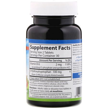 安靜, 5-HTP: Carlson Labs, Healthy Mood, 5-HTP Elite, Natural Raspberry Flavor, 100 mg, 60 Tablets
