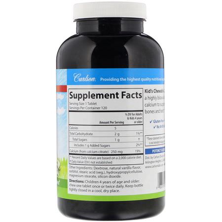 兒童鈣, 兒童健康: Carlson Labs, Kid's Chewable Calcium, Natural Vanilla Flavor, 250 mg, 120 Tablets