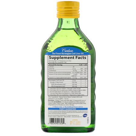 Omegas, 兒童DHA: Carlson Labs, Kid's, Norwegian Cod Liver Oil, Natural Lemon Flavor, 8.4 fl oz (250 ml)