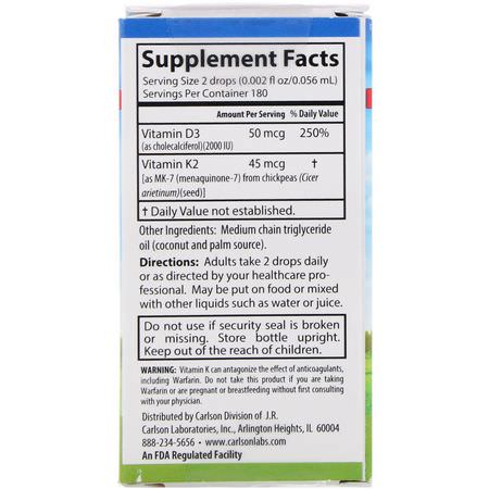 D3膽鈣化固醇, 維生素D: Carlson Labs, Liquid Vitamins, Super Daily D3+K2, 50 mcg (2,000 IU) & 45 mcg, 0.34 fl oz (10.16 ml)