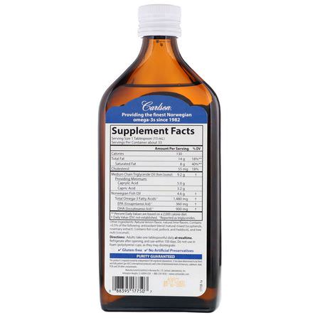Omega-3魚油, EPA DHA: Carlson Labs, MCT & Omega-3, Natural Lemon Lime, 16.9 fl oz (500 ml)