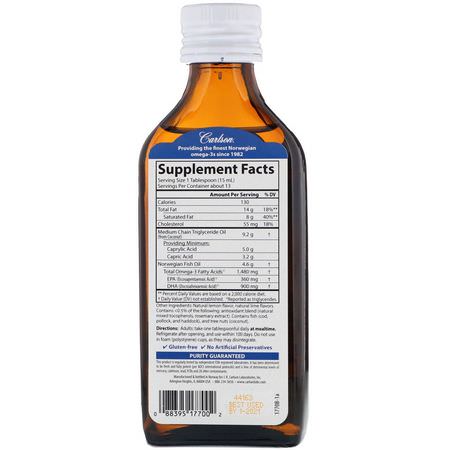 Omega-3魚油, EPA DHA: Carlson Labs, MCT & Omega-3, Natural Lemon Lime, 6.7 fl oz (200 ml)