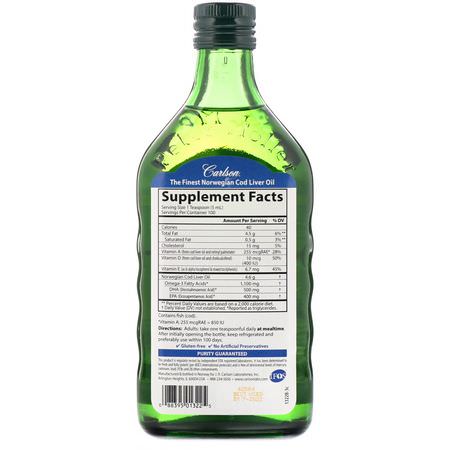 魚肝油, 歐米茄EPA DHA: Carlson Labs, Norwegian Cod Liver Oil, 16.9 fl oz (500 ml)