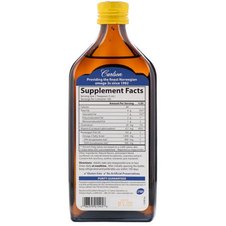Omega-3魚油, EPA DHA: Carlson Labs, Norwegian, The Very Finest Fish Oil, Natural Lemon Flavor, 1,600 mg, 16.9 fl oz (500 ml)