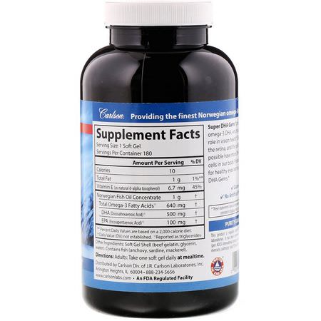 DHA, 歐米茄EPA DHA: Carlson Labs, Super-DHA Gems, 500 mg, 180 Soft Gels