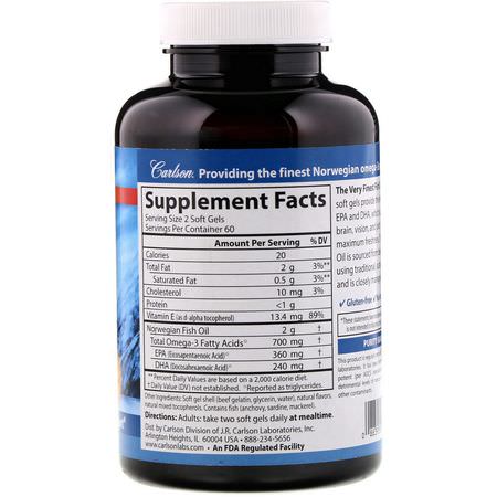 Omega-3魚油, EPA DHA: Carlson Labs, The Very Finest Fish Oil, Natural Orange Flavor, 700 mg, 120 Soft Gels